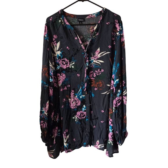 Torrid Womens US Size 4X Floral Print Gray Button-Front Blouse Rayon Long Sleeve - Picture 2 of 10